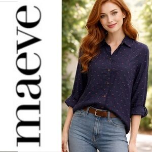 Anthropologie Maeve Dark Navy Blue Embroidered Button Down Top Sz 8